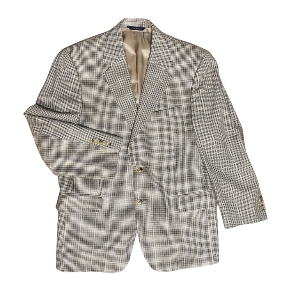 Brooks Brothers Gray Houndstooth Plaid Wool Silk Linen Blazer Sz 42 R Italy